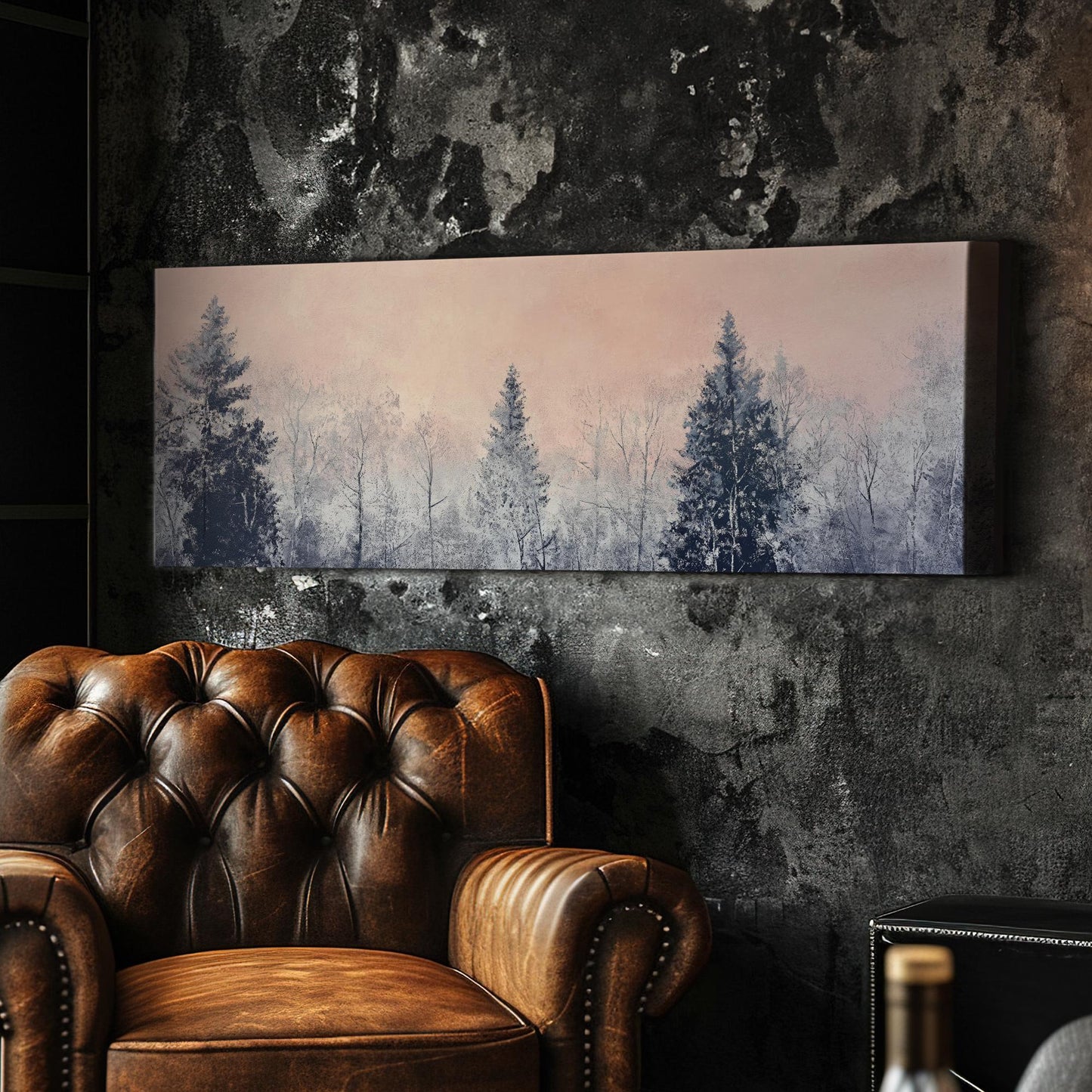 Serene Winter Forest Canvas Art | Impasto Print | Minimalist Wall Art For Living Room | Blush Pink Art Panoramic Wall Art