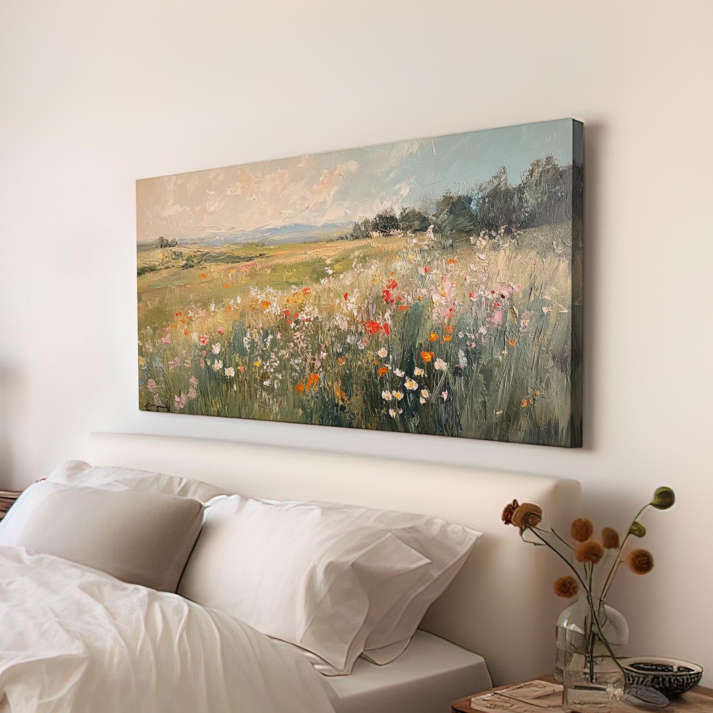 Serene Wildflower Meadow Canvas Art | Impasto Oil Print | Tranquil Farmhouse Wall Art For Living Room | Earthy Blush Art Horizontal Art
