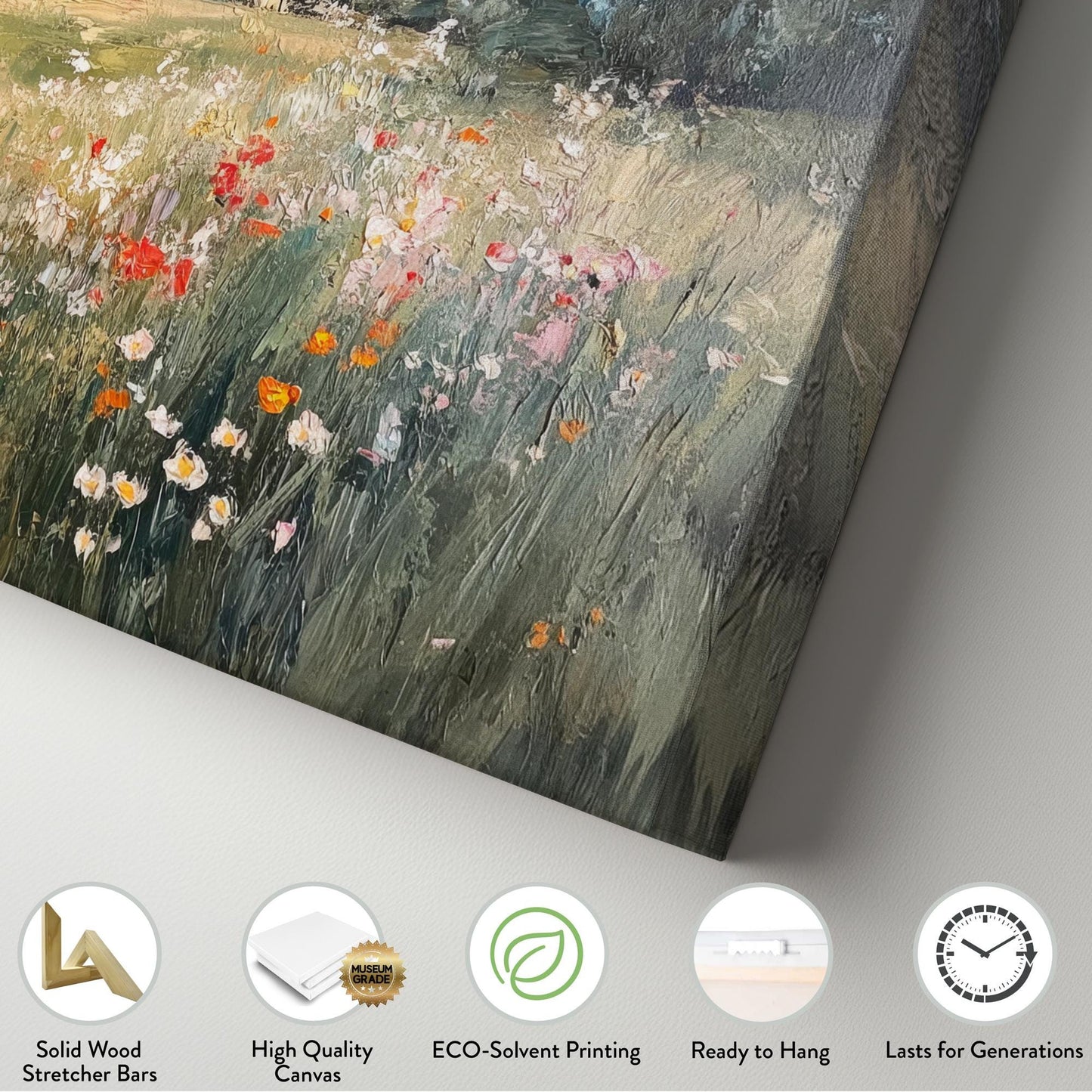 Serene Wildflower Meadow Canvas Art | Impasto Oil Print | Tranquil Farmhouse Wall Art For Living Room | Earthy Blush Art Horizontal Art