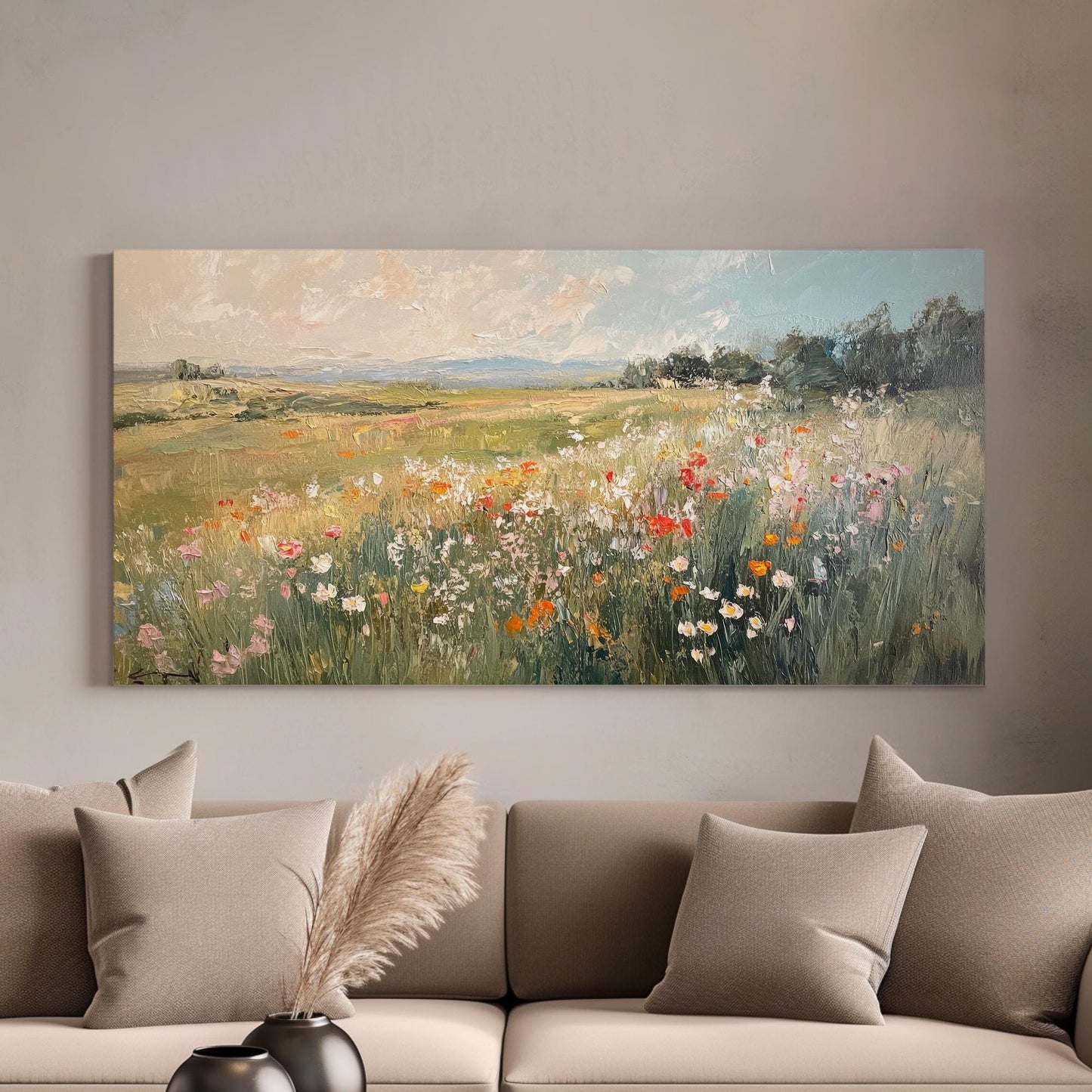 Serene Wildflower Meadow Canvas Art | Impasto Oil Print | Tranquil Farmhouse Wall Art For Living Room | Earthy Blush Art Horizontal Art