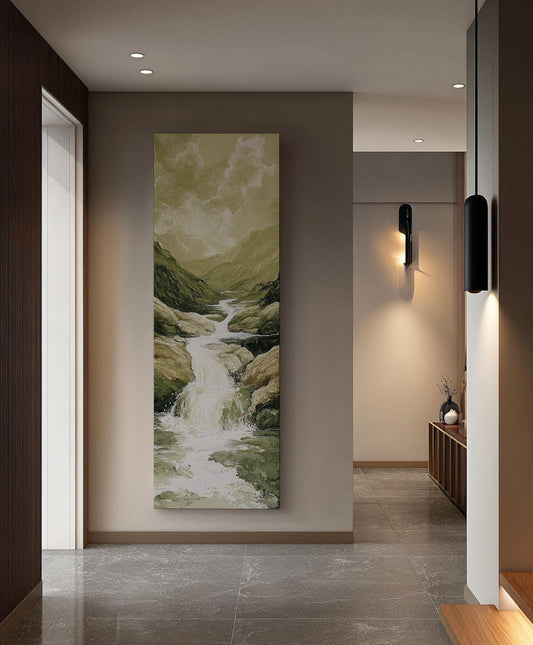 Serene Waterfall Canvas Art | Impasto Print | Tranquil Spa Wall Art For Living Room | Sage Green Art | Zen Decor Long Vertical Art