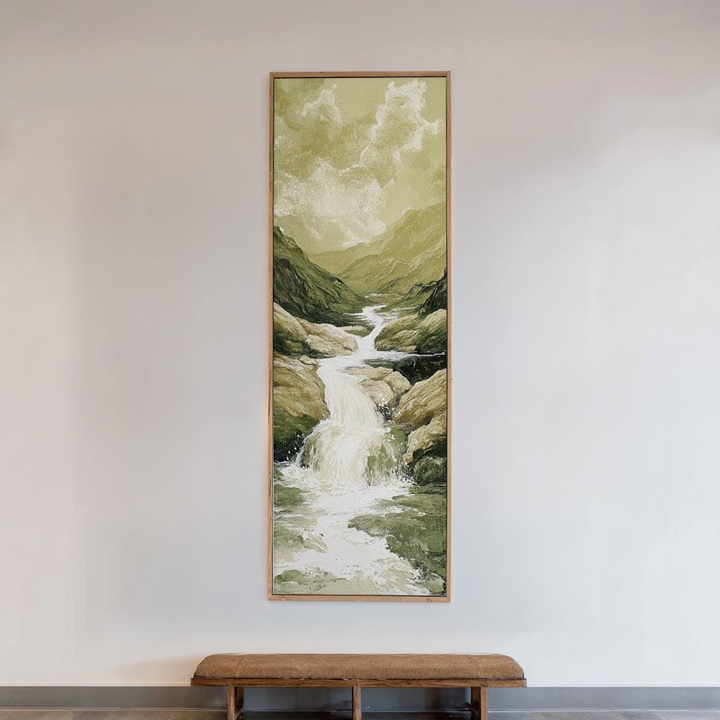 Serene Waterfall Canvas Art | Impasto Print | Tranquil Spa Wall Art For Living Room | Sage Green Art | Zen Decor Long Vertical Art