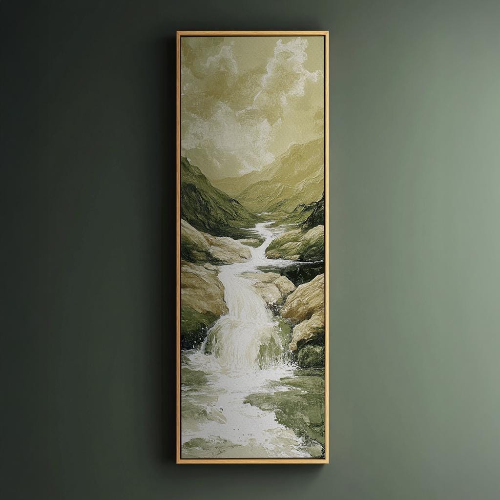 Serene Waterfall Canvas Art | Impasto Print | Tranquil Spa Wall Art For Living Room | Sage Green Art | Zen Decor Long Vertical Art