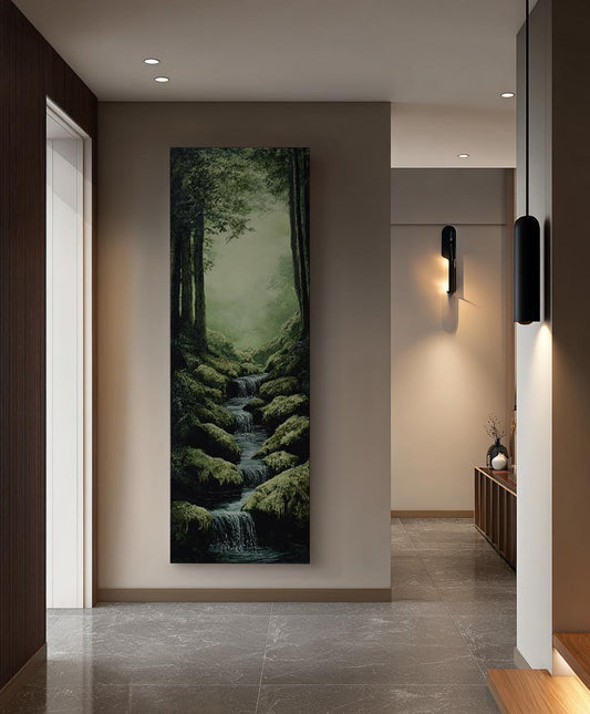 Serene Waterfall Canvas Art | Impasto Print | Biophilic Wall Art For Living Room | Jadeite Green Art | Zen Decor Long Vertical Art