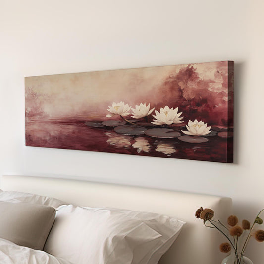 Serene Water Lilies Canvas Art | Impressionistic Botanical Print | Tranquil Spa Wall Art For Bedroom Panoramic Wall Art