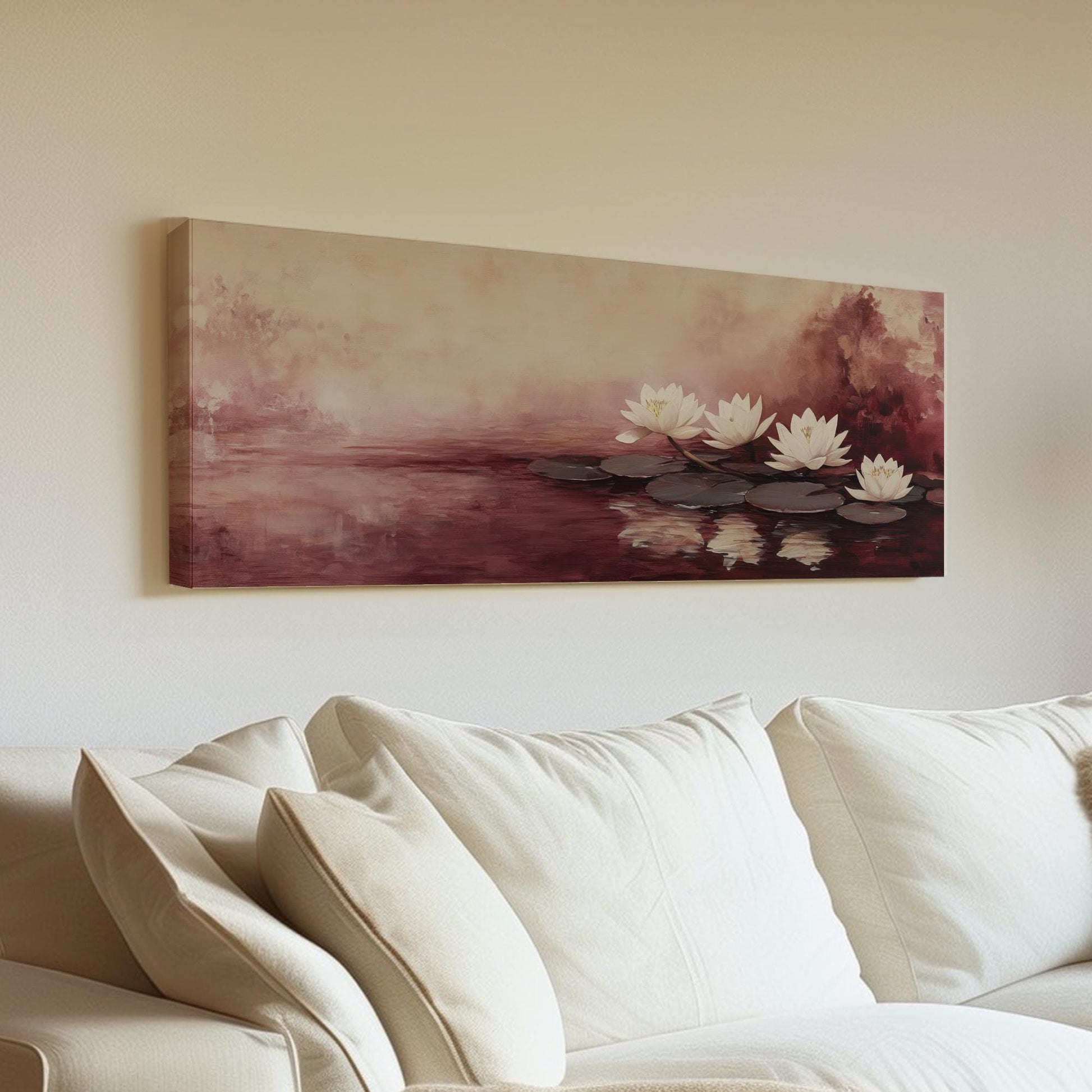 Serene Water Lilies Canvas Art | Impressionistic Botanical Print | Tranquil Spa Wall Art For Bedroom Panoramic Wall Art