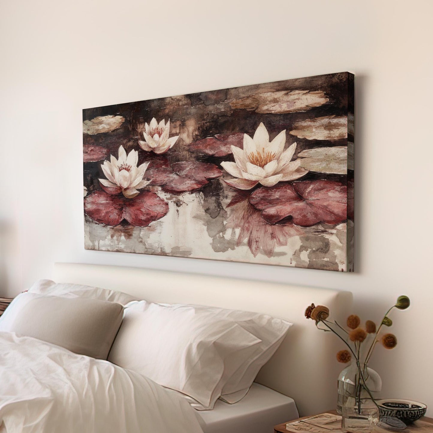 Serene Water Lilies Canvas Art | Impasto Print | Bohemian Wall Art For Living Room | Dusty Rose Redwood Art Horizontal Art