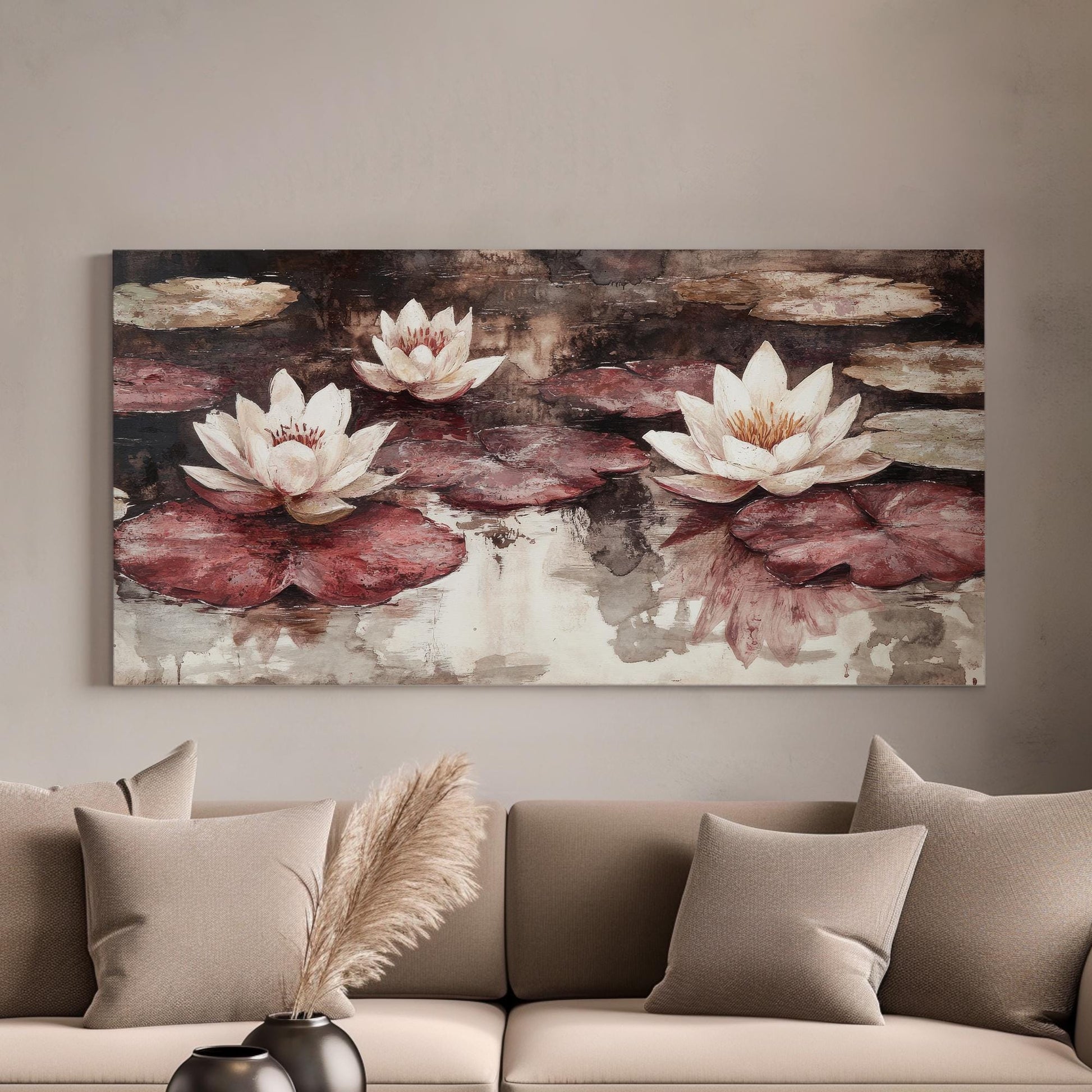 Serene Water Lilies Canvas Art | Impasto Print | Bohemian Wall Art For Living Room | Dusty Rose Redwood Art Horizontal Art