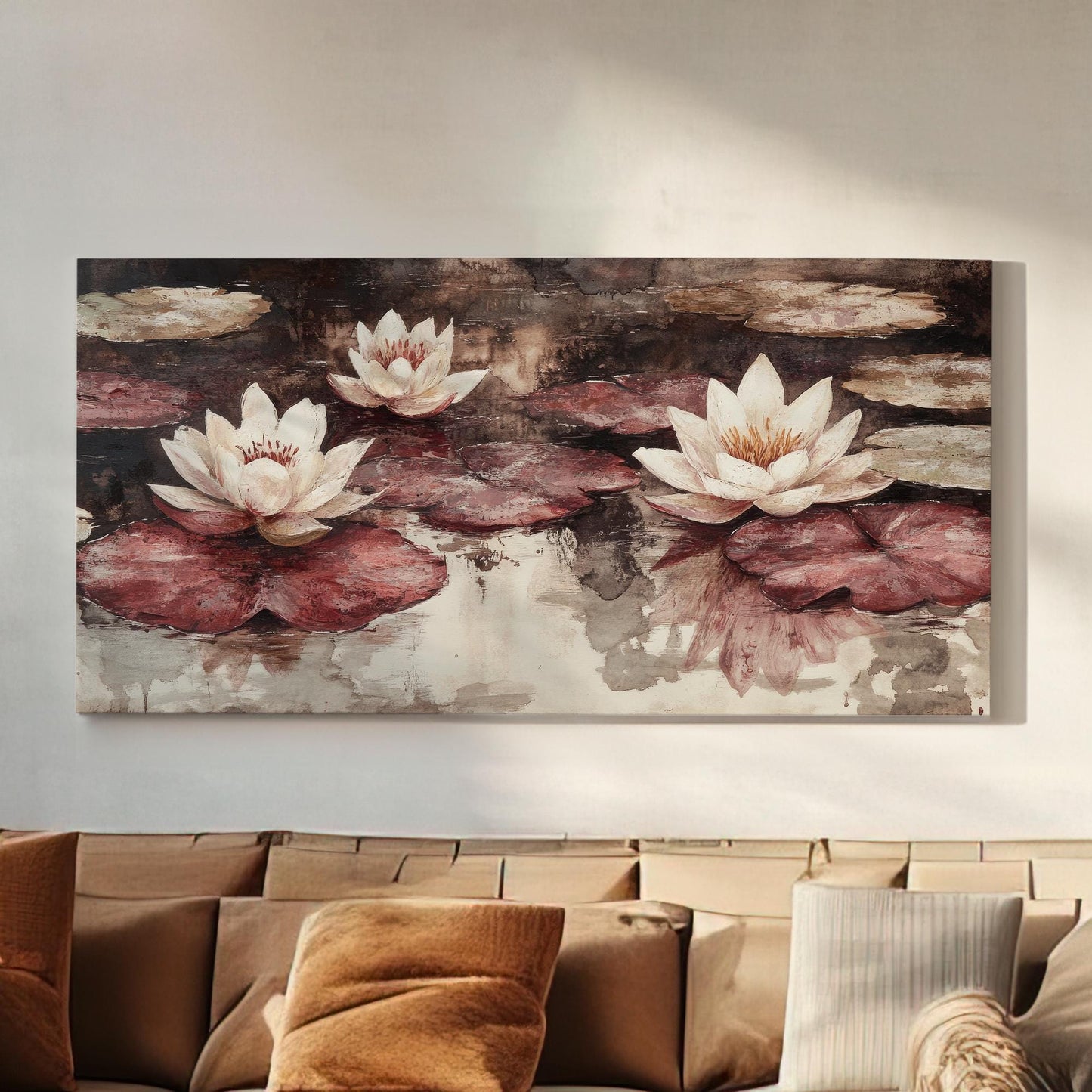 Serene Water Lilies Canvas Art | Impasto Print | Bohemian Wall Art For Living Room | Dusty Rose Redwood Art Horizontal Art