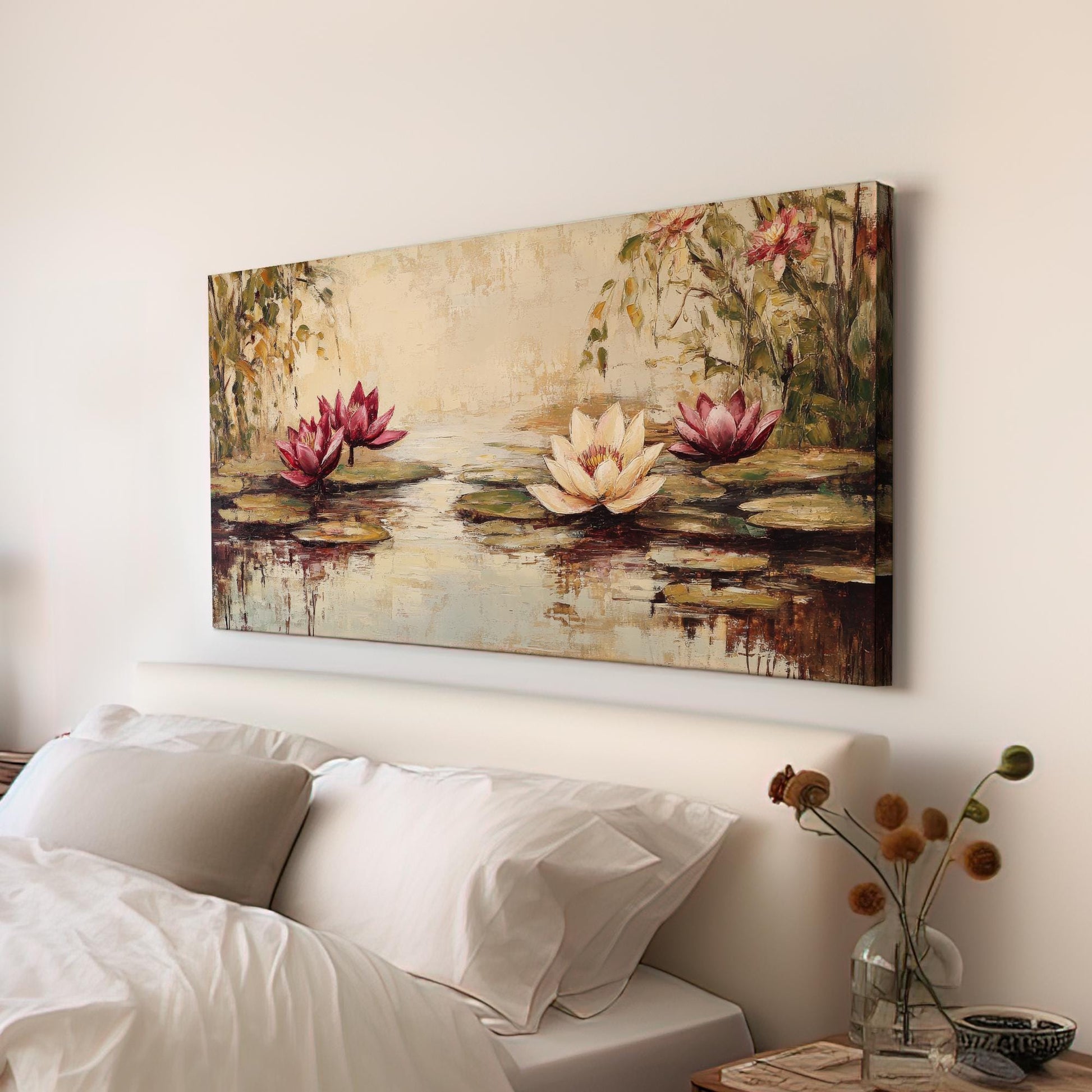 Serene Water Lilies Canvas Art | Impasto Oil Print | Tranquil Zen Wall Art For Living Room | Blush Pink Cream Art Horizontal Art