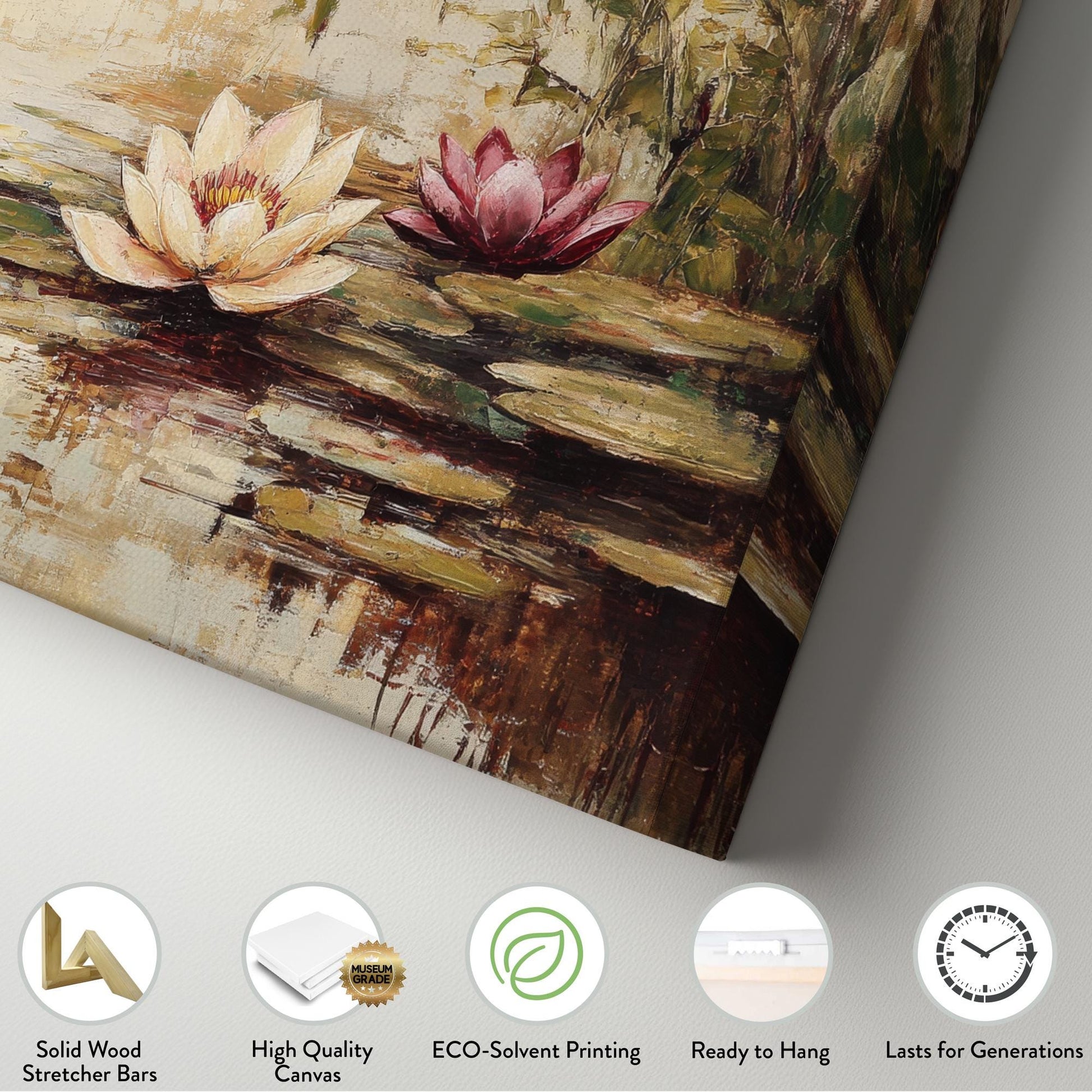 Serene Water Lilies Canvas Art | Impasto Oil Print | Tranquil Zen Wall Art For Living Room | Blush Pink Cream Art Horizontal Art