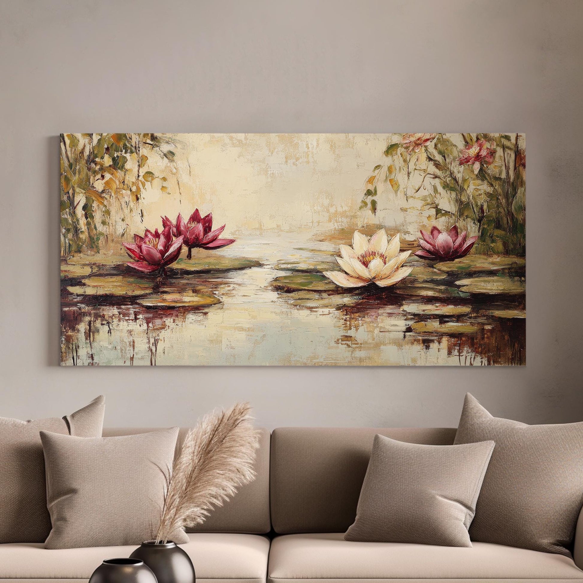 Serene Water Lilies Canvas Art | Impasto Oil Print | Tranquil Zen Wall Art For Living Room | Blush Pink Cream Art Horizontal Art