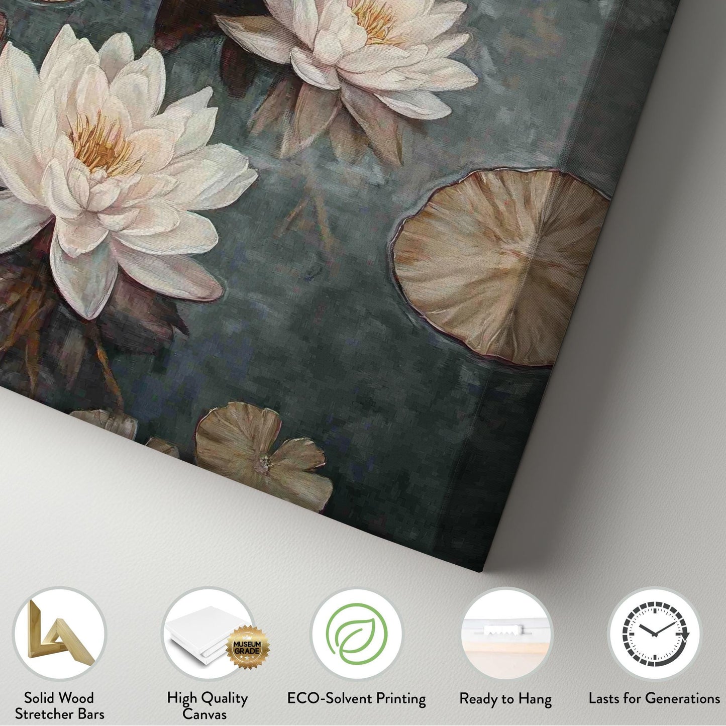 Serene Water Lilies Canvas Art | Impasto Botanical Print | Tranquil Zen Wall Art For Living Room | Taupe And Burgundy Art Vertical Canvas
