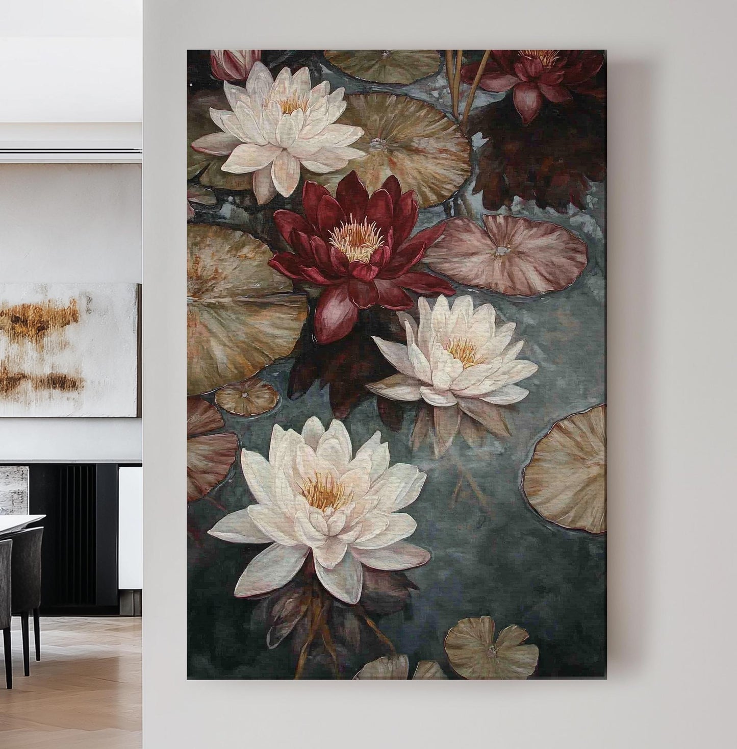 Serene Water Lilies Canvas Art | Impasto Botanical Print | Tranquil Zen Wall Art For Living Room | Taupe And Burgundy Art Vertical Canvas