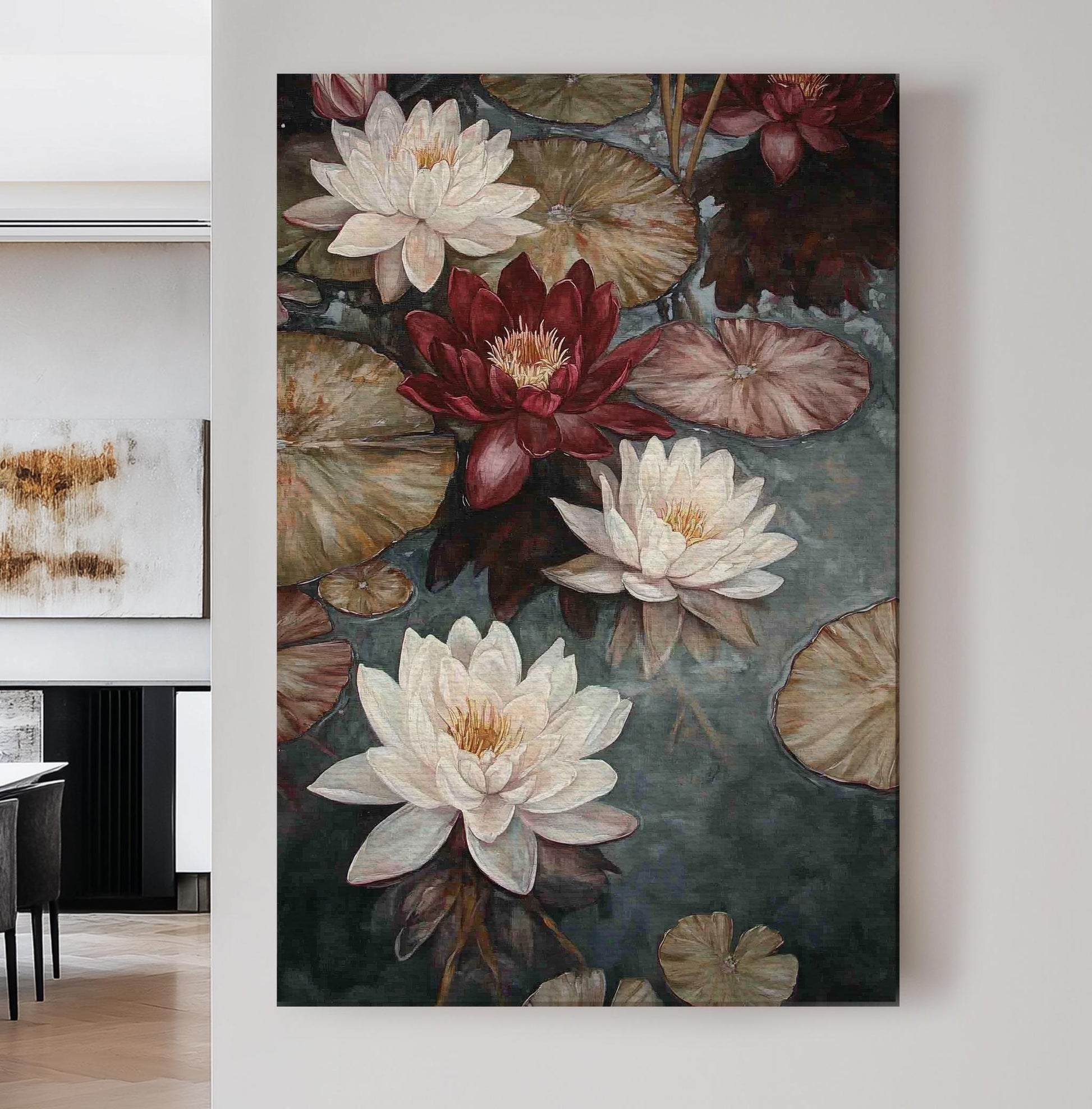 Serene Water Lilies Canvas Art | Impasto Botanical Print | Tranquil Zen Wall Art For Living Room | Taupe And Burgundy Art Vertical Canvas