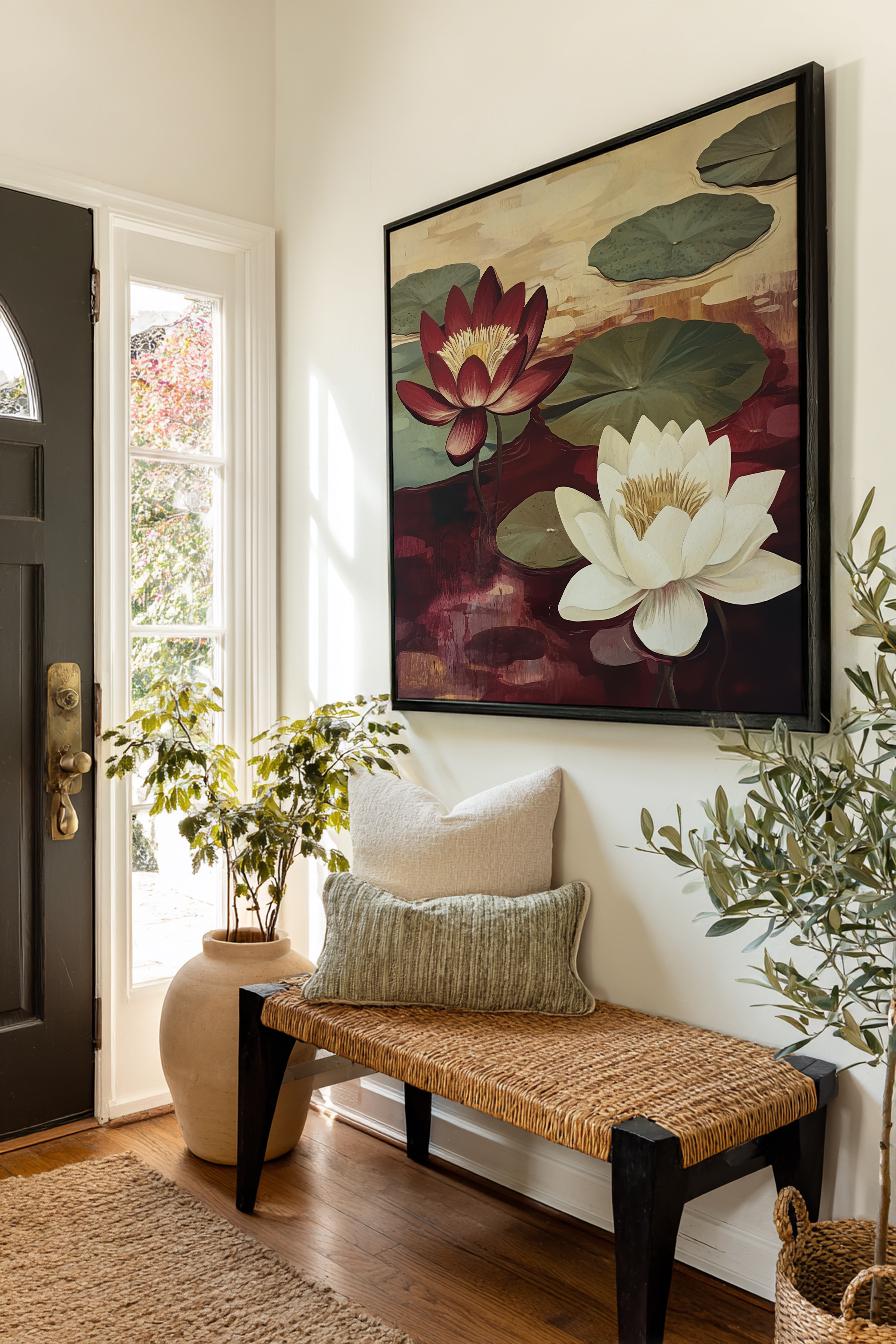 Serene Water Lilies Canvas Art | Botanical Illustration Print | Biophilic Wall Art For Living Room | Merlot Cream Art Square Canvas Art