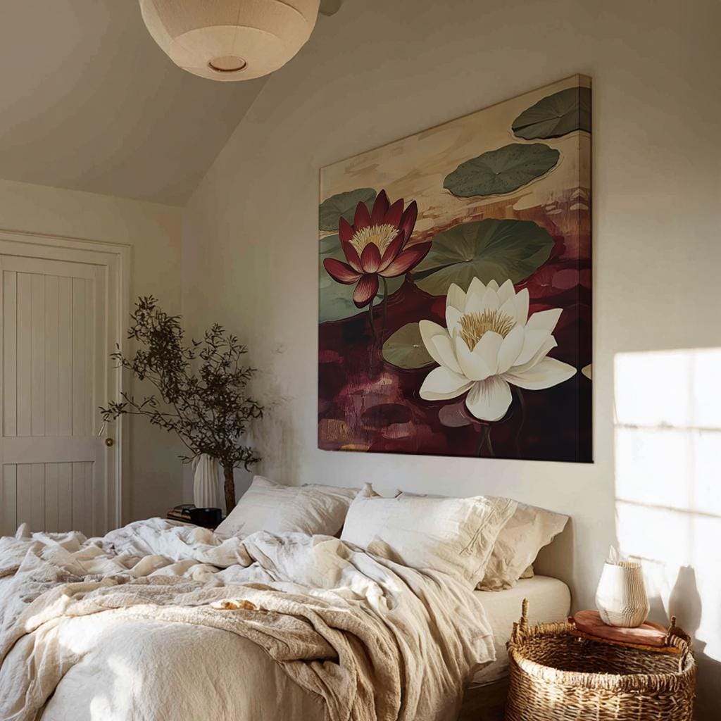 Serene Water Lilies Canvas Art | Botanical Illustration Print | Biophilic Wall Art For Living Room | Merlot Cream Art Square Canvas Art