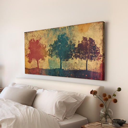 Serene Treetop Canvas Art | Layered Silhouette Print | Bohemian Wall Art For Living Room | Earthy Ochre Art Horizontal Art