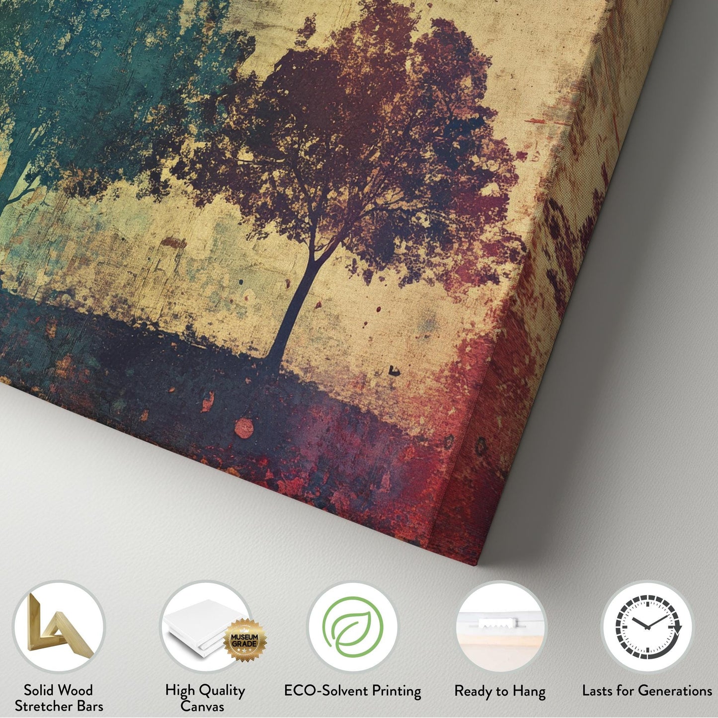 Serene Treetop Canvas Art | Layered Silhouette Print | Bohemian Wall Art For Living Room | Earthy Ochre Art Horizontal Art