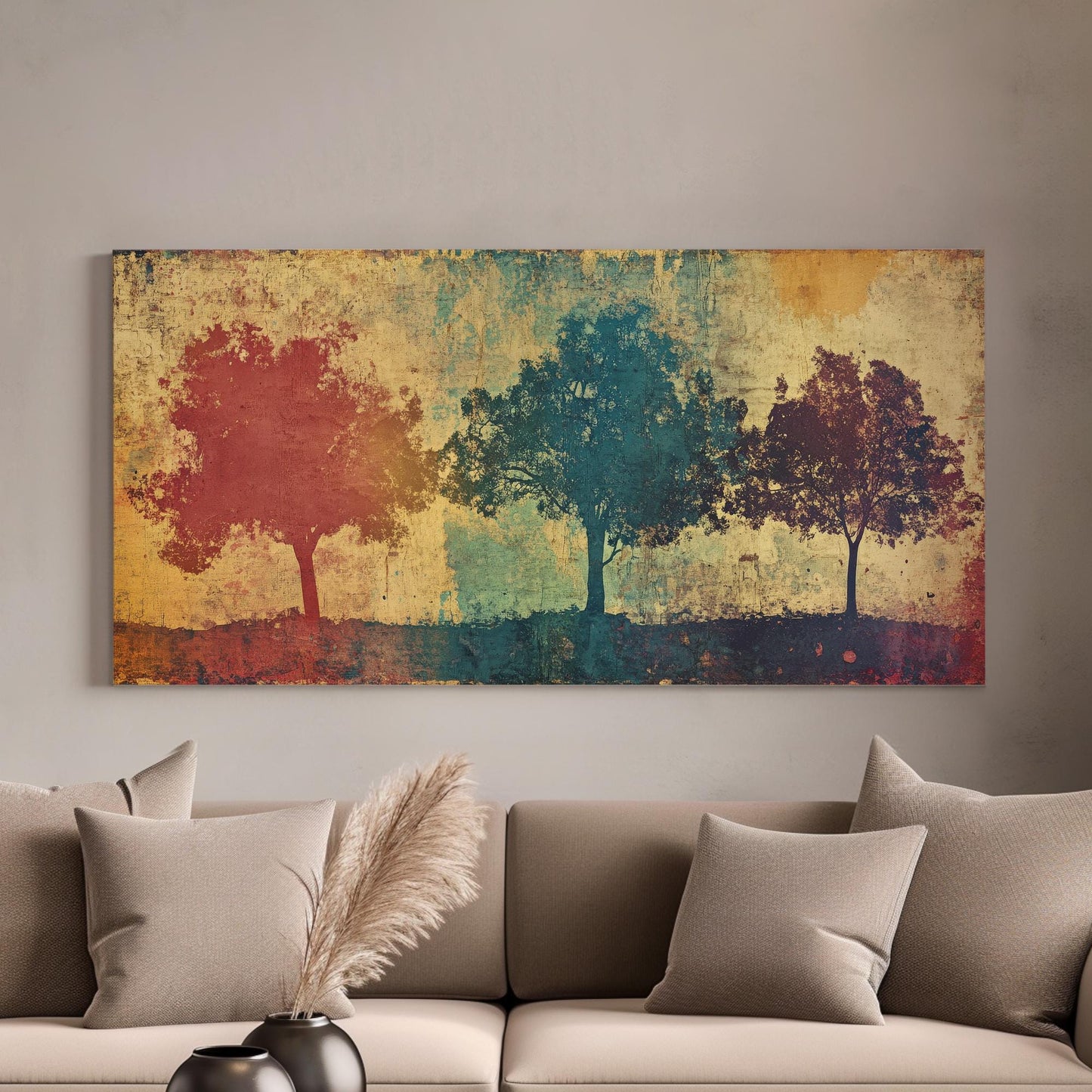 Serene Treetop Canvas Art | Layered Silhouette Print | Bohemian Wall Art For Living Room | Earthy Ochre Art Horizontal Art