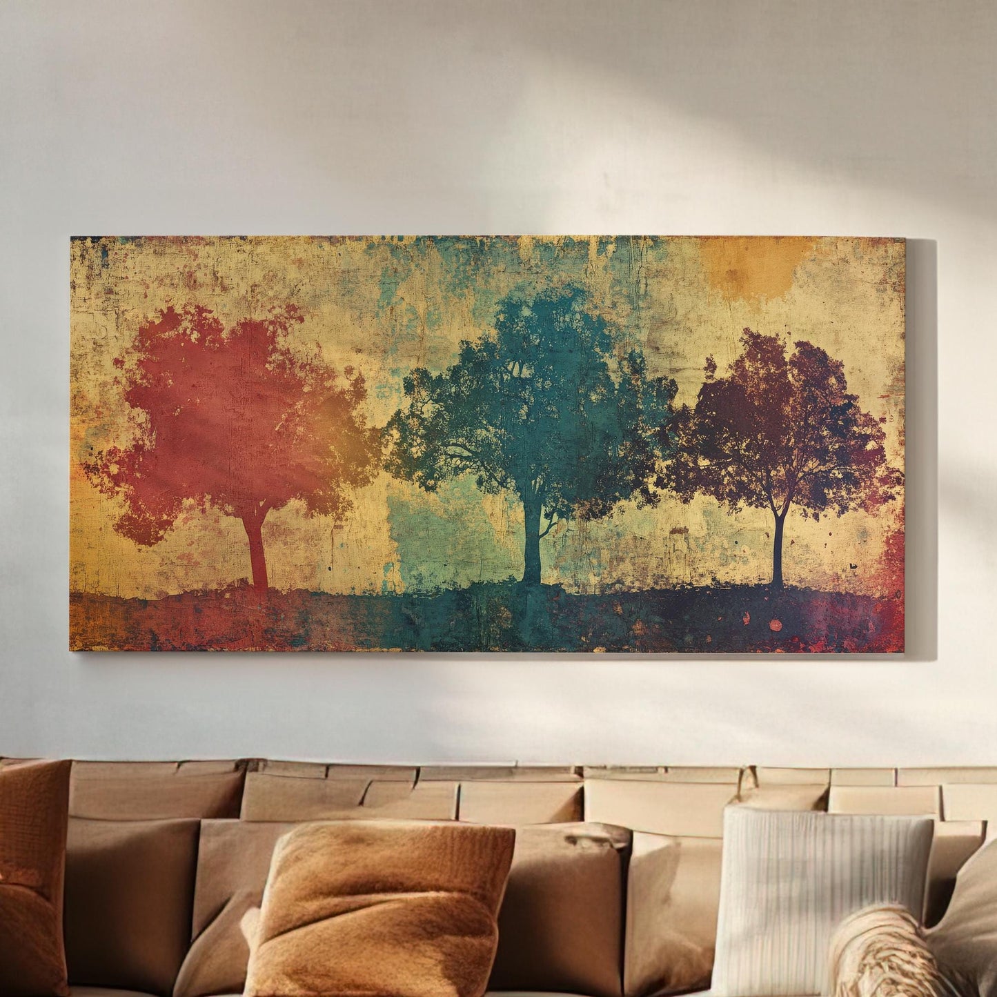 Serene Treetop Canvas Art | Layered Silhouette Print | Bohemian Wall Art For Living Room | Earthy Ochre Art Horizontal Art