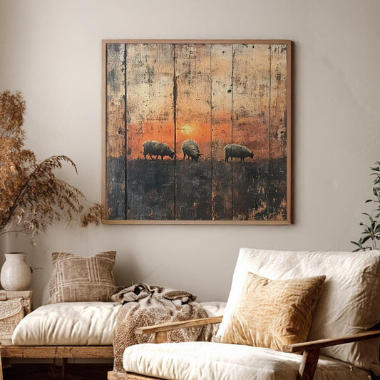 Serene Sunset Sheep Canvas Art | Reclaimed Woodblock Print | Bohemian Farmhouse Wall Art For Living Room Square Canvas Art