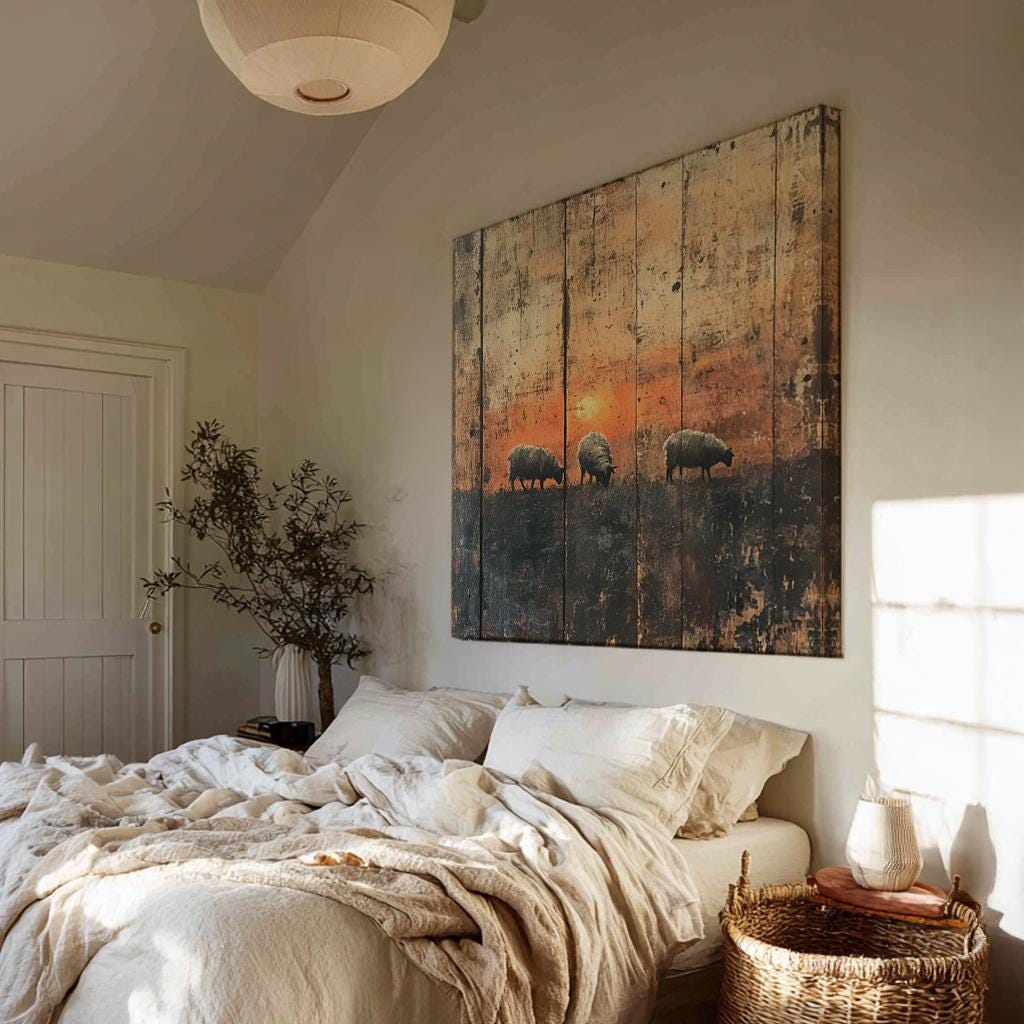 Serene Sunset Sheep Canvas Art | Reclaimed Woodblock Print | Bohemian Farmhouse Wall Art For Living Room Square Canvas Art