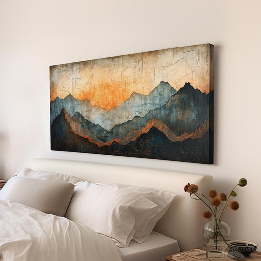 Serene Sunset Mountain Range Canvas Art | Impasto Textured Print | Japandi Wall Art For Living Room | Warm Ember Art Horizontal Art