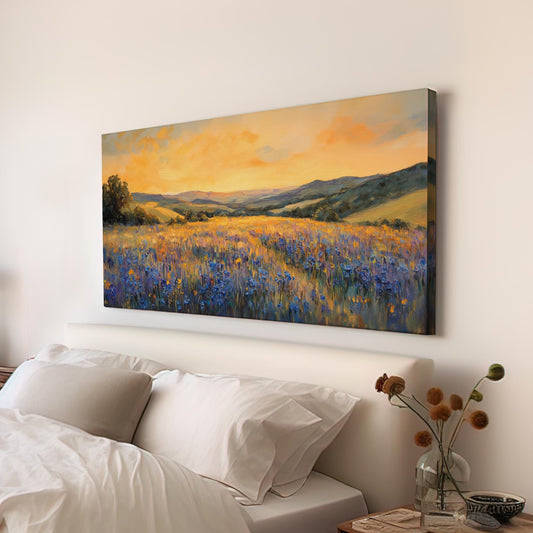 Serene Sunset Meadow Canvas Art | Impasto Impressionism Print | Transitional Wall Art For Living Room Horizontal Art