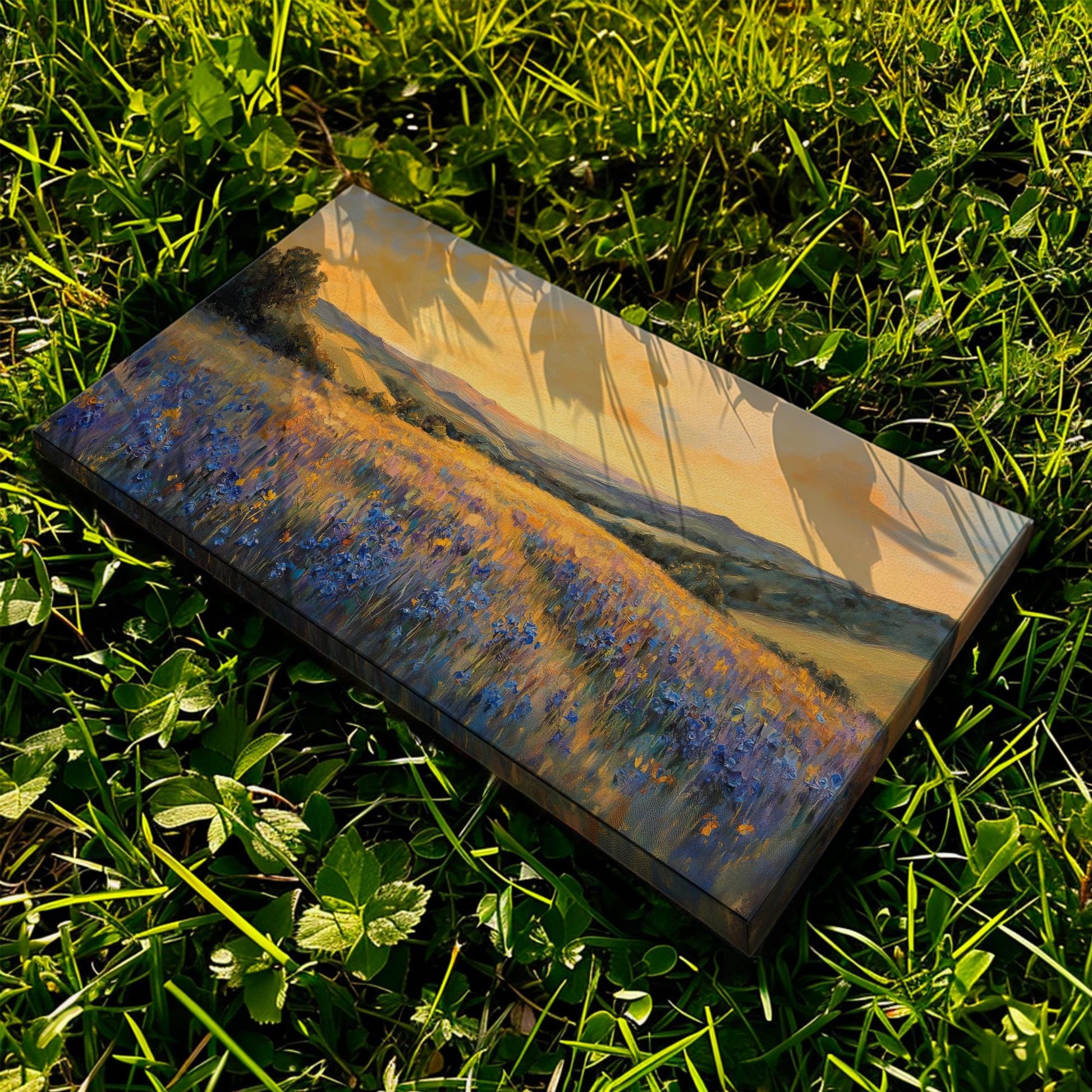 Serene Sunset Meadow Canvas Art | Impasto Impressionism Print | Transitional Wall Art For Living Room Horizontal Art