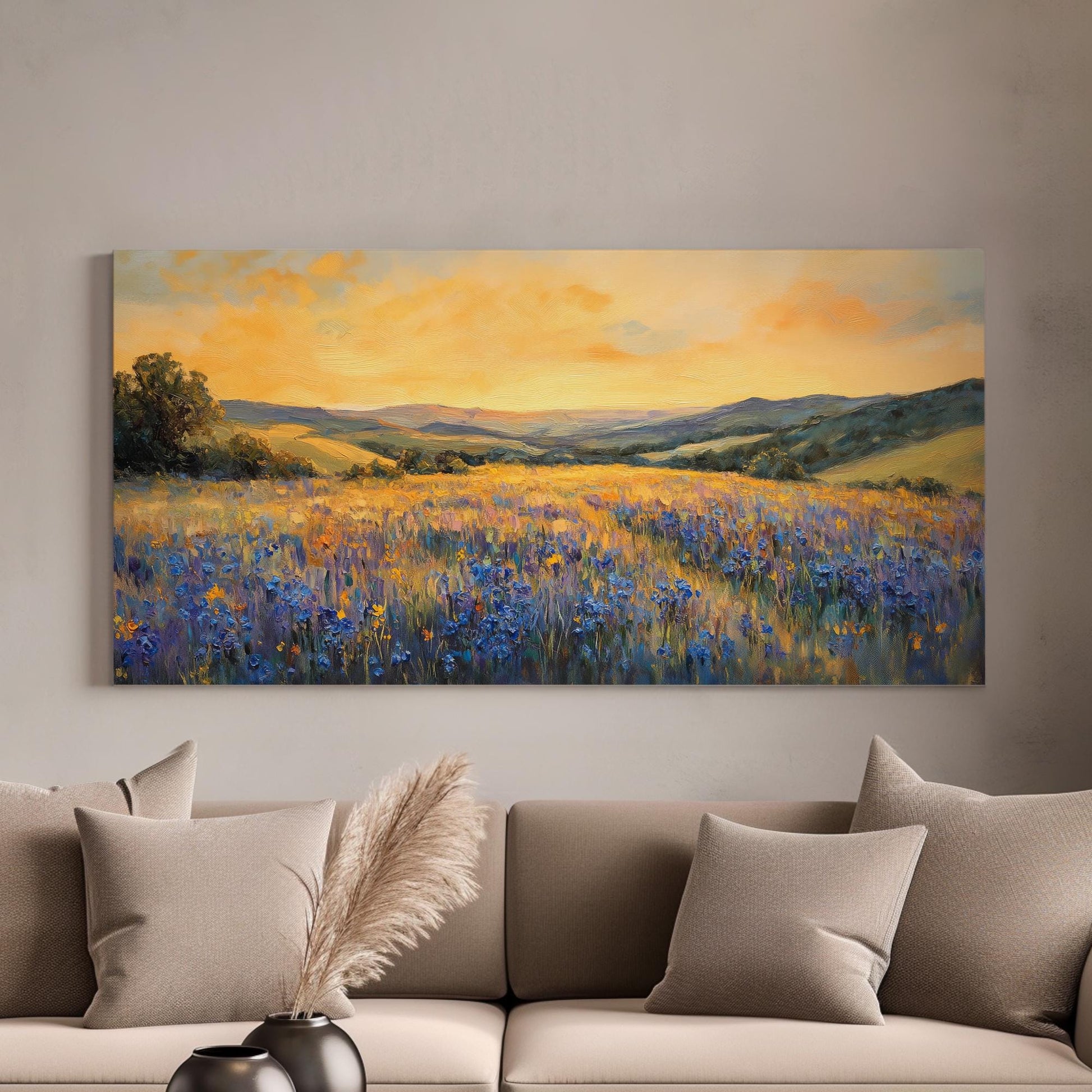 Serene Sunset Meadow Canvas Art | Impasto Impressionism Print | Transitional Wall Art For Living Room Horizontal Art