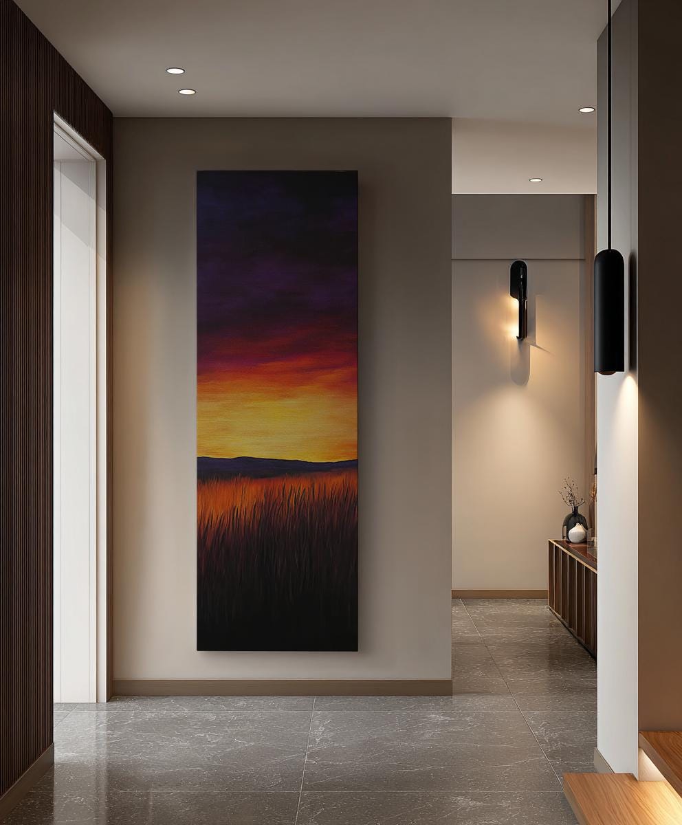 Serene Sunset Meadow Canvas Art | Impasto Brushstroke Print | Bohemian Wall Art For Living Room | Amber Sunset Art Long Vertical Art