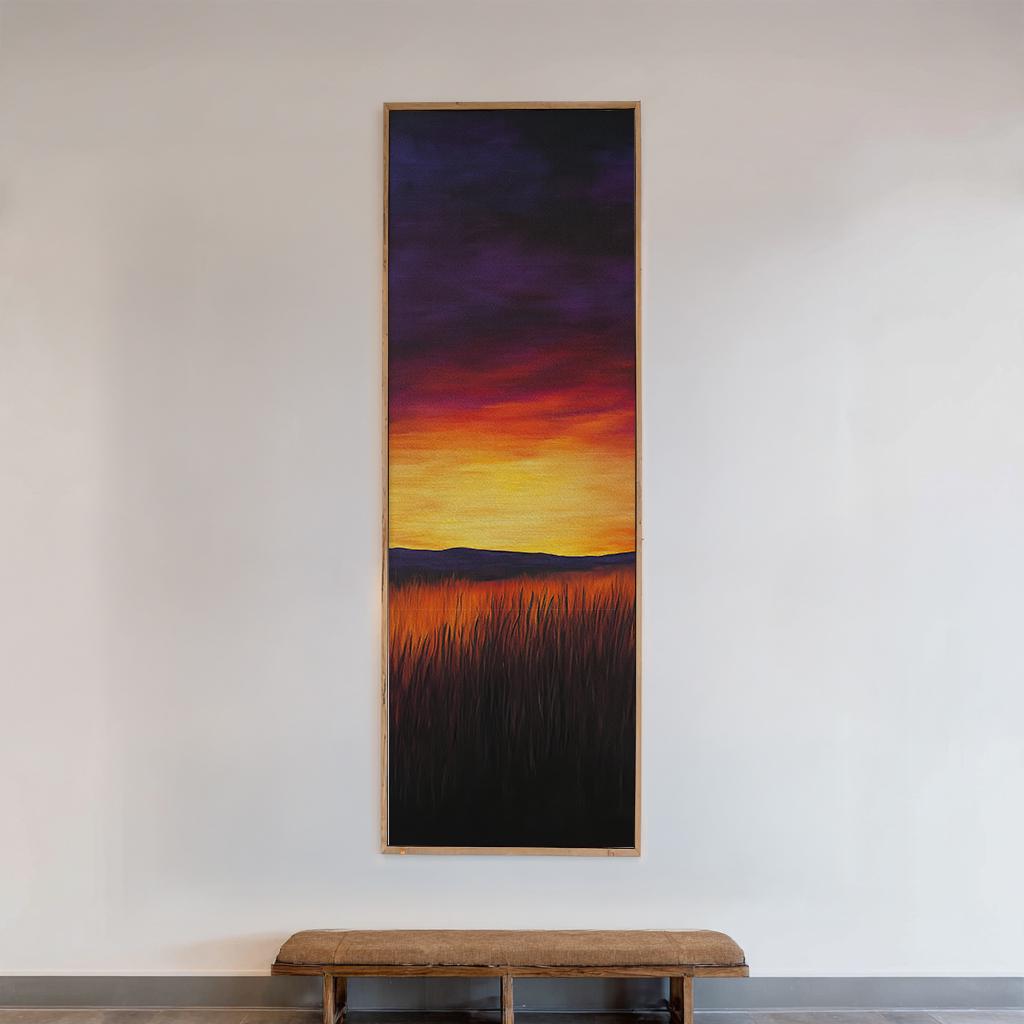 Serene Sunset Meadow Canvas Art | Impasto Brushstroke Print | Bohemian Wall Art For Living Room | Amber Sunset Art Long Vertical Art