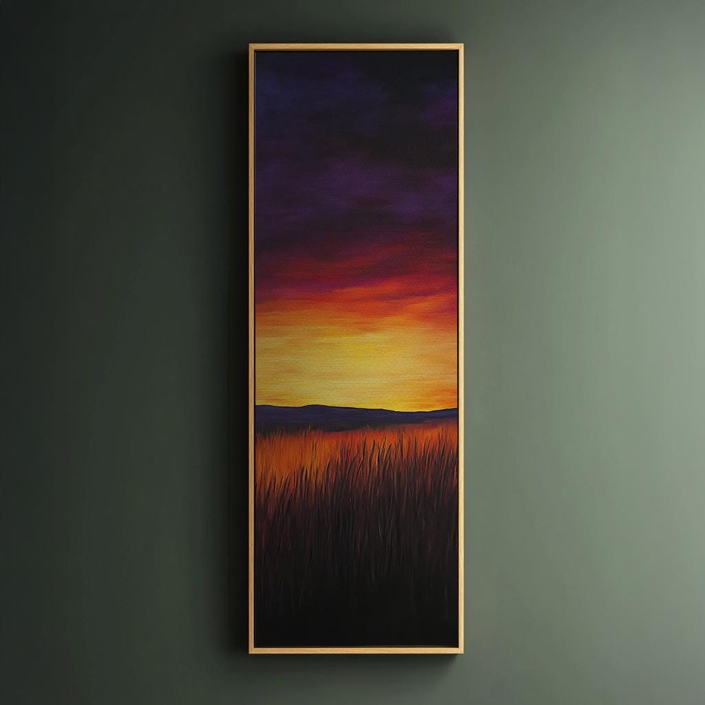 Serene Sunset Meadow Canvas Art | Impasto Brushstroke Print | Bohemian Wall Art For Living Room | Amber Sunset Art Long Vertical Art