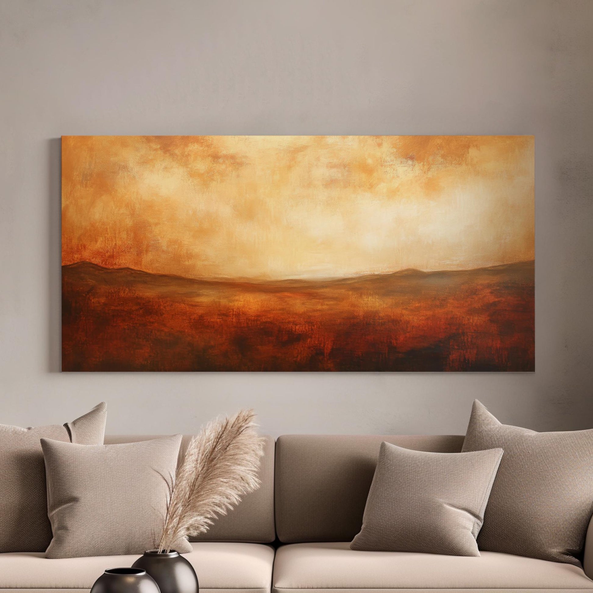 Serene Sunset Landscape Canvas Art | Impasto Textural Print | Minimalist Wall Art For Living Room | Burnt Sienna Cream Art Horizontal Art