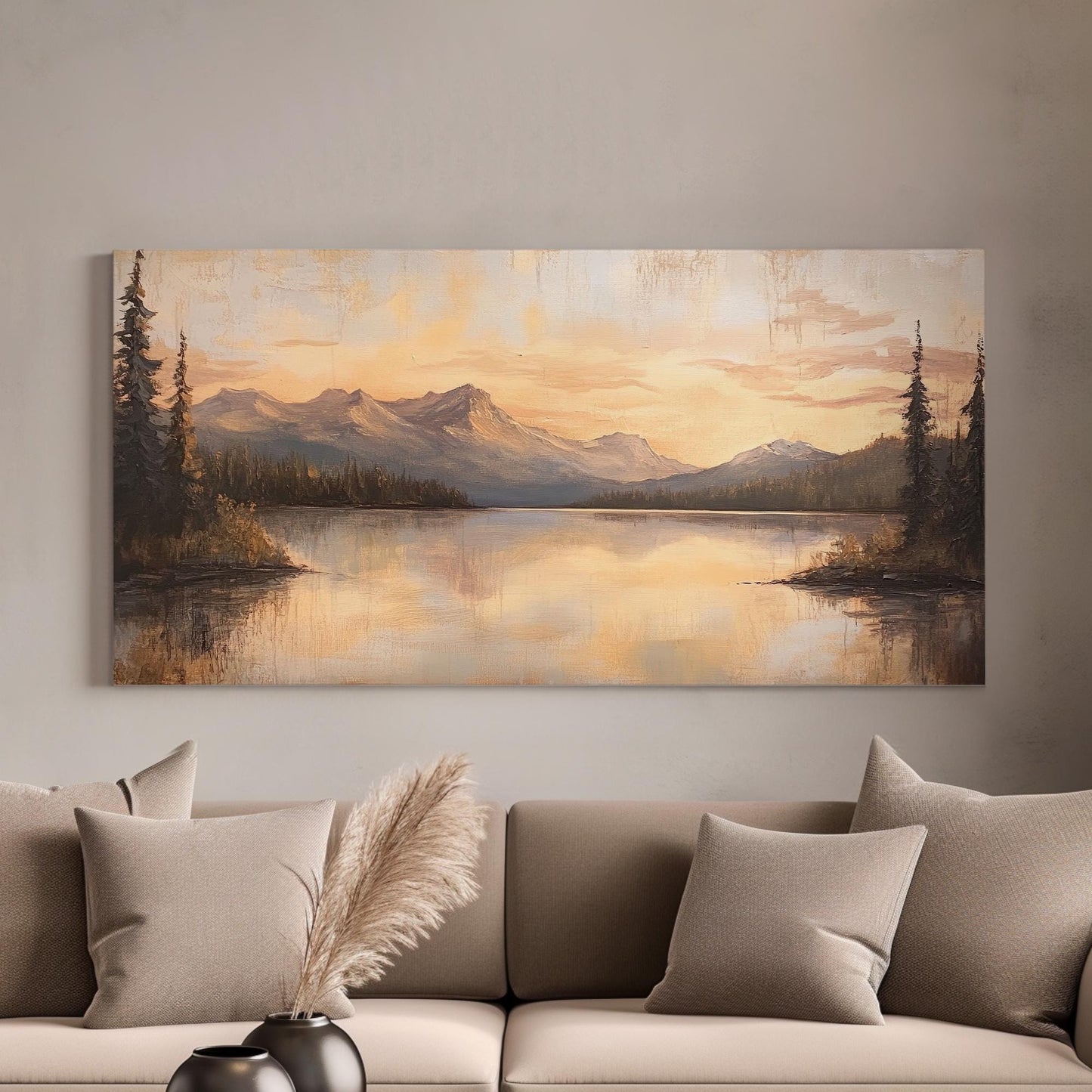 Serene Sunset Lake Canvas Art | Impressionist Oil Print | Tranquil Minimalist Wall Art For Living Room | Blush Pink Gold Art Horizontal Art