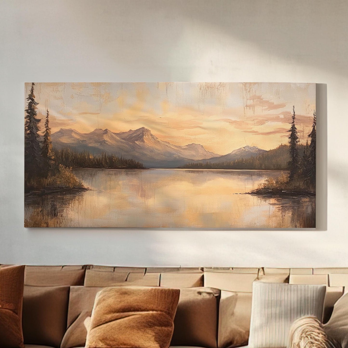 Serene Sunset Lake Canvas Art | Impressionist Oil Print | Tranquil Minimalist Wall Art For Living Room | Blush Pink Gold Art Horizontal Art