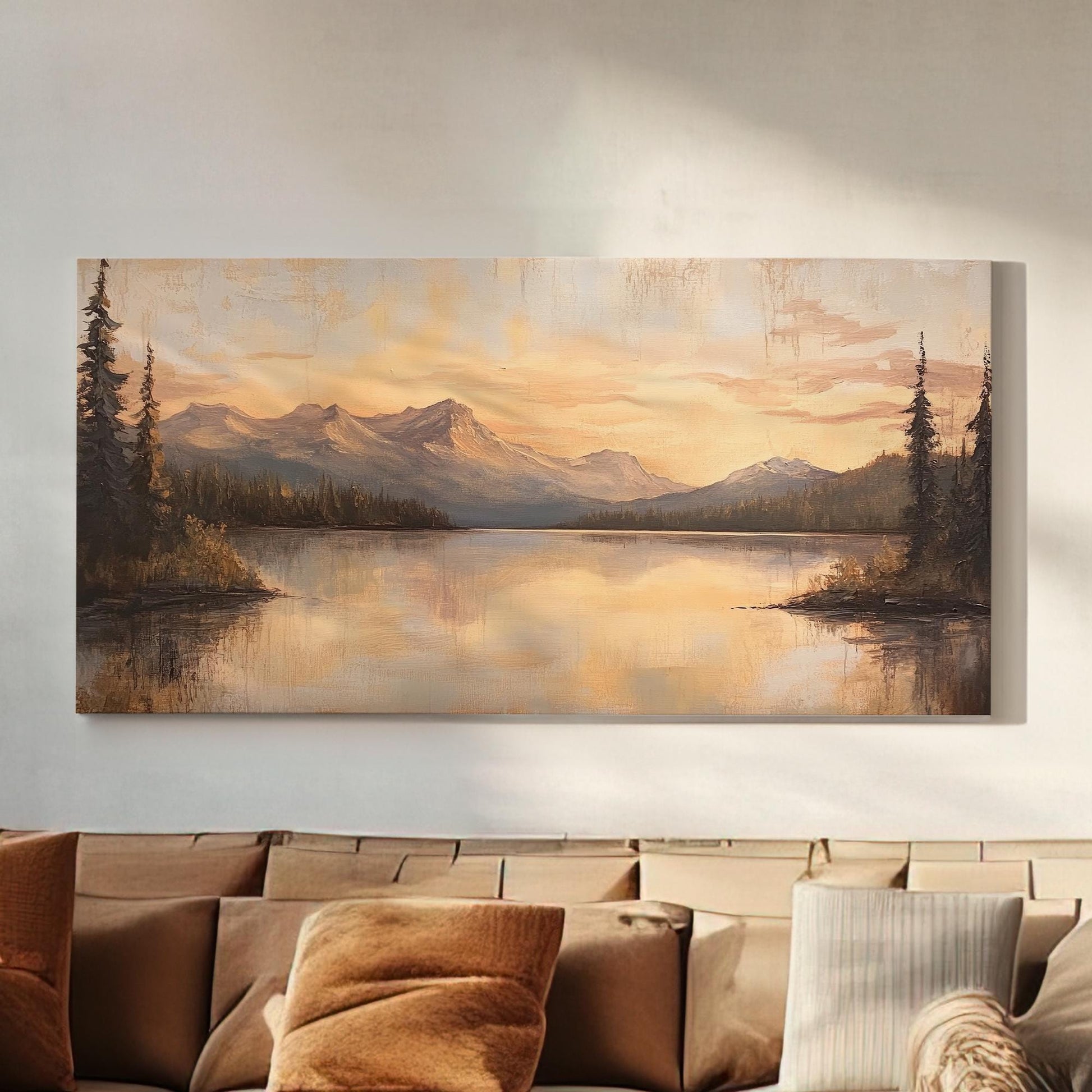 Serene Sunset Lake Canvas Art | Impressionist Oil Print | Tranquil Minimalist Wall Art For Living Room | Blush Pink Gold Art Horizontal Art