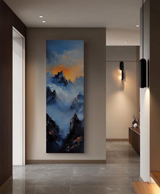 Serene Summits Canvas Art | Impasto Mountain Print | Japandi Wall Art For Living Room | Steel Blue Ember Glow Art Long Vertical Art