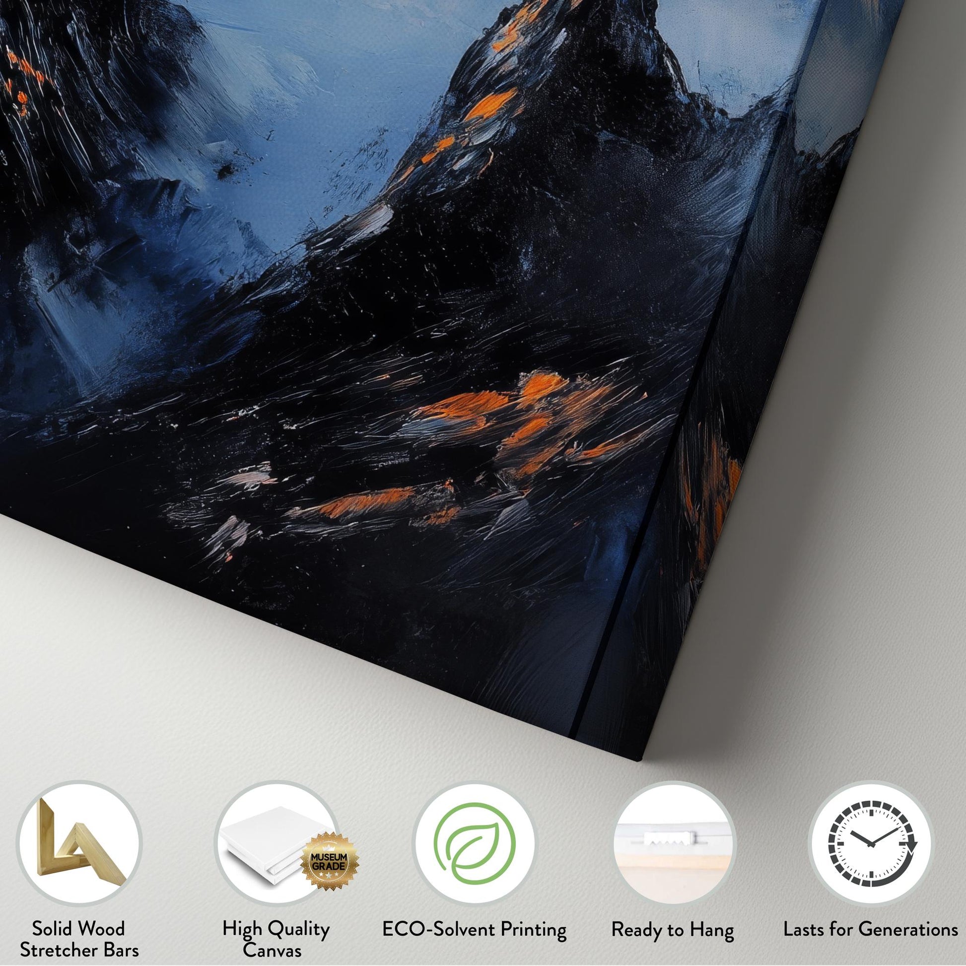 Serene Summits Canvas Art | Impasto Mountain Print | Japandi Wall Art For Living Room | Steel Blue Ember Glow Art Long Vertical Art