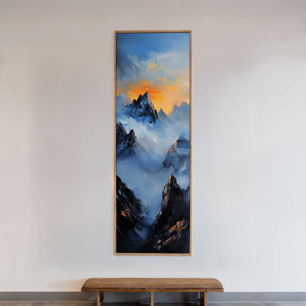 Serene Summits Canvas Art | Impasto Mountain Print | Japandi Wall Art For Living Room | Steel Blue Ember Glow Art Long Vertical Art