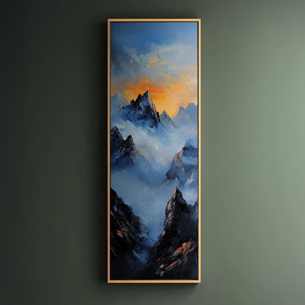 Serene Summits Canvas Art | Impasto Mountain Print | Japandi Wall Art For Living Room | Steel Blue Ember Glow Art Long Vertical Art