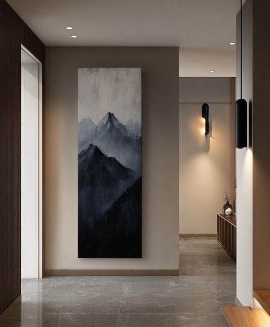 Serene Summits Canvas Art | Impasto Mountain Print | Japandi Wall Art For Living Room | Charcoal Gray Art Long Vertical Art
