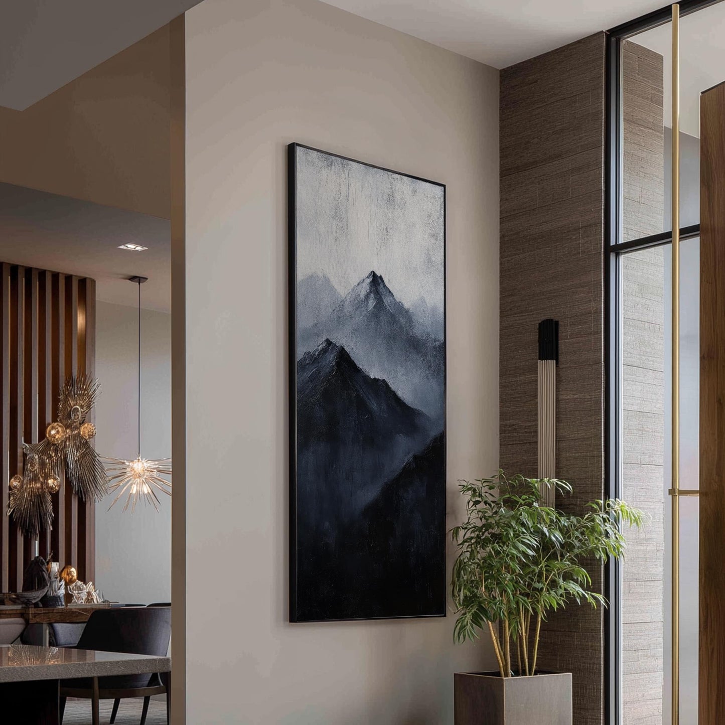 Serene Summits Canvas Art | Impasto Mountain Print | Japandi Wall Art For Living Room | Charcoal Gray Art Long Vertical Art