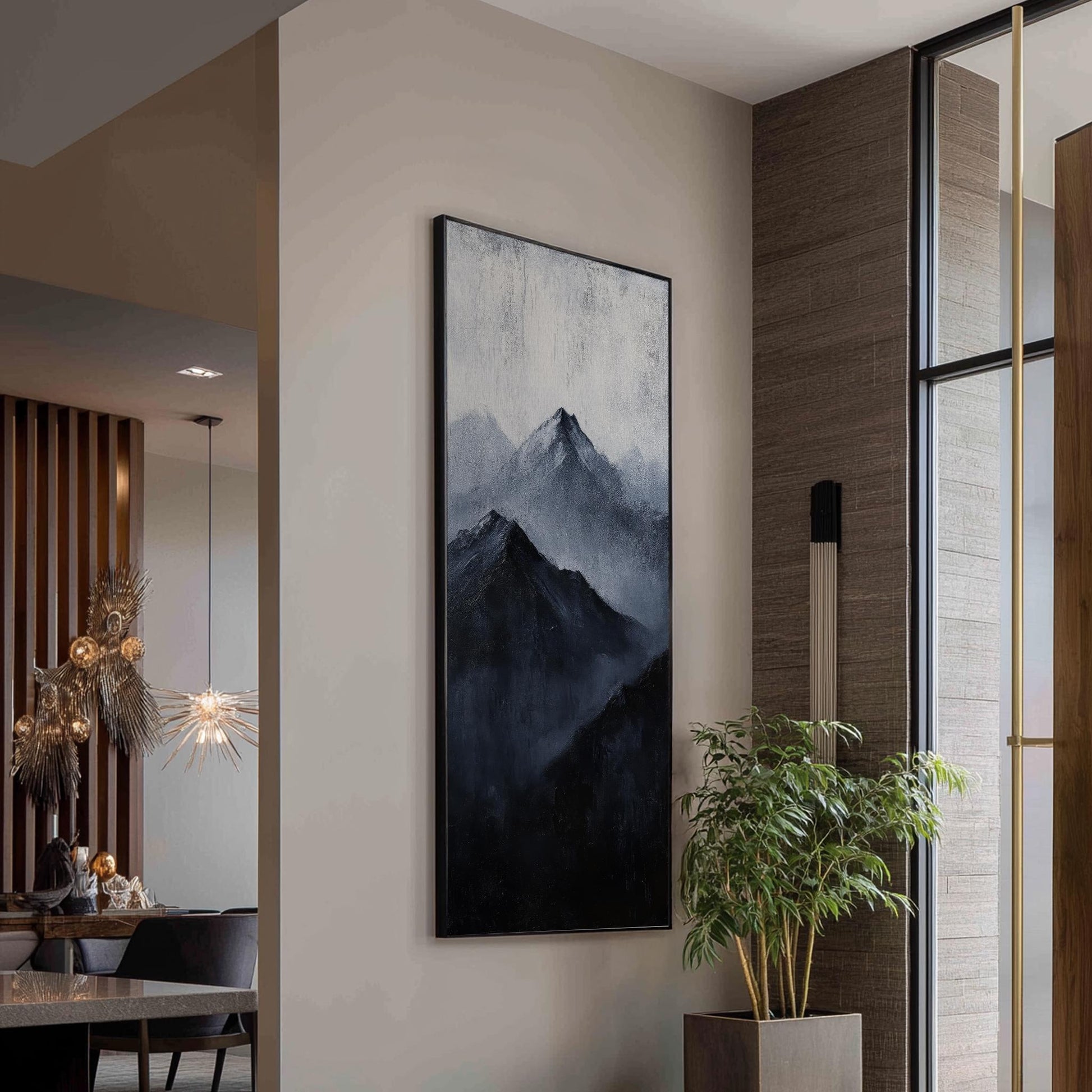 Serene Summits Canvas Art | Impasto Mountain Print | Japandi Wall Art For Living Room | Charcoal Gray Art Long Vertical Art