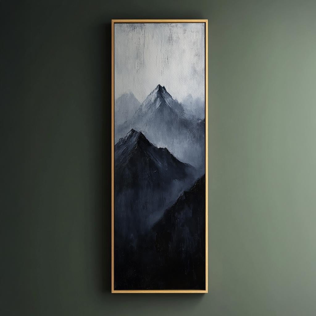 Serene Summits Canvas Art | Impasto Mountain Print | Japandi Wall Art For Living Room | Charcoal Gray Art Long Vertical Art