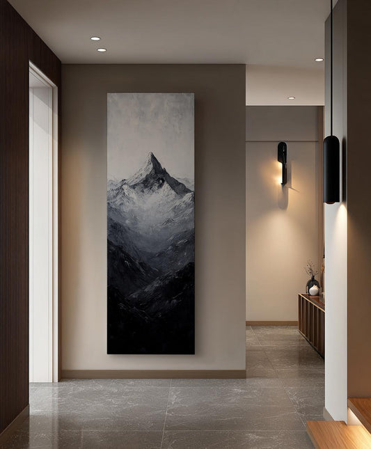 Serene Summit Canvas Art | Impasto Palette Knife Print | Juxtaposition Wall Art For Living Room Long Vertical Art