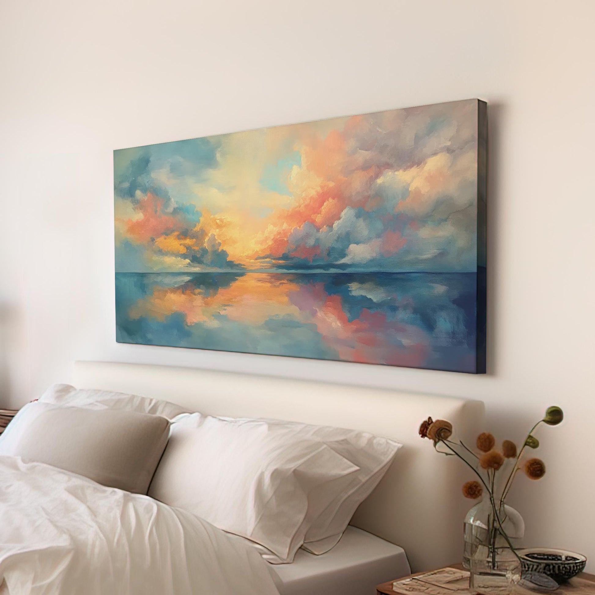 Serene Seascape Canvas Art | Impressionistic Palette Knife Print | Coastal Bohemian Wall Art For Living Room Horizontal Art