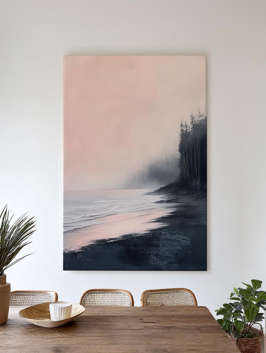 Serene Seascape Canvas Art | Impressionistic Oil Print | Coastal Bohemian Wall Art For Living Room | Blush Pink Charcoal Art Vertical Canvas