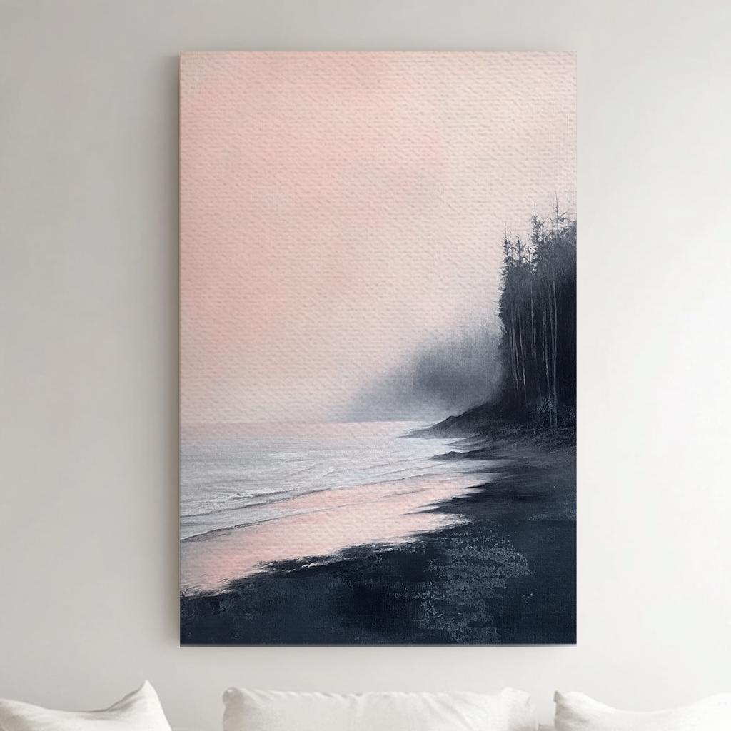 Serene Seascape Canvas Art | Impressionistic Oil Print | Coastal Bohemian Wall Art For Living Room | Blush Pink Charcoal Art Vertical Canvas